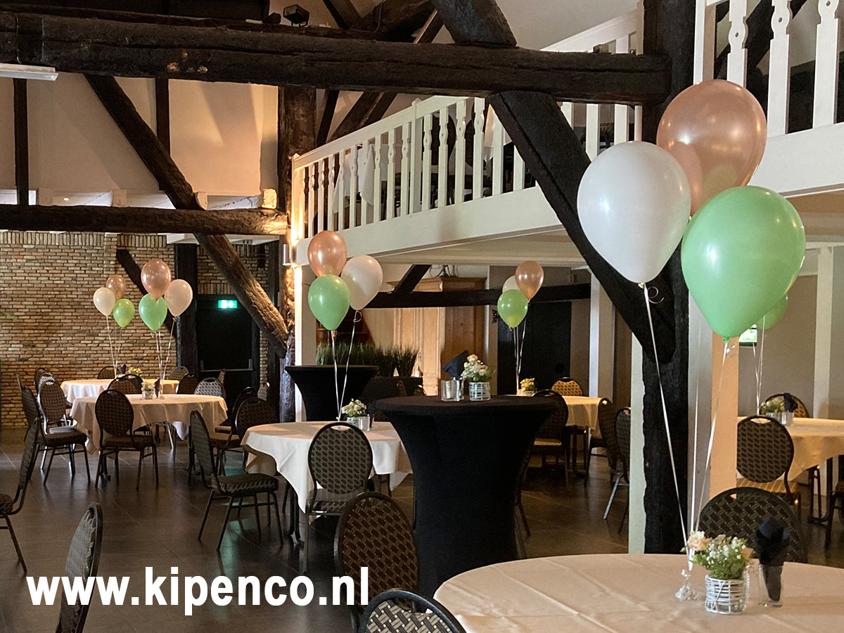 Tafel decoratie 3 ballonnen, 3 kleuren, plaats kleuren steeds gelijk