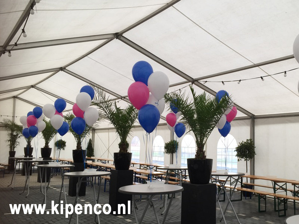 Tafel decoratie 5 ballonnen, 3 kleuren, plaats kleuren steeds gelijk